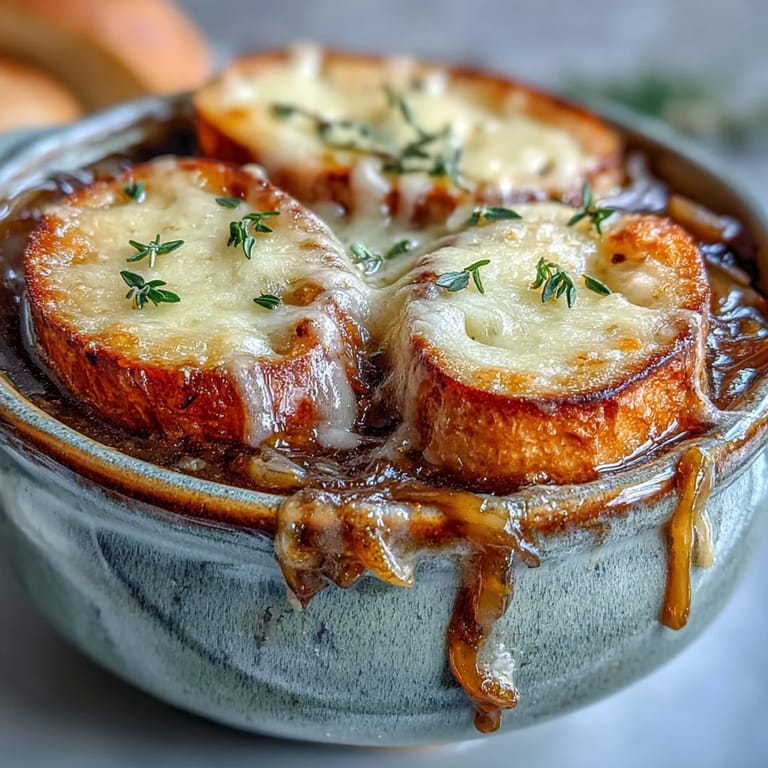 A rich bowl of Dutch Oven French Onion Soup features bubbling cheese, savory broth, and crispy bread under a home oven broiler.