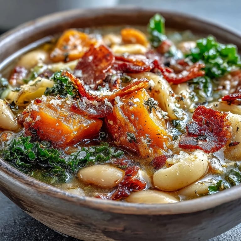 Hearty Fall Minestrone with creamy white beans and fresh parsley garnish on a wooden table.