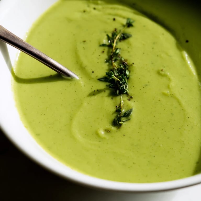 A blender pouring silky smooth Big Green Immunity-Boosting Vegetable Soup with bright green asparagus and spinach.  