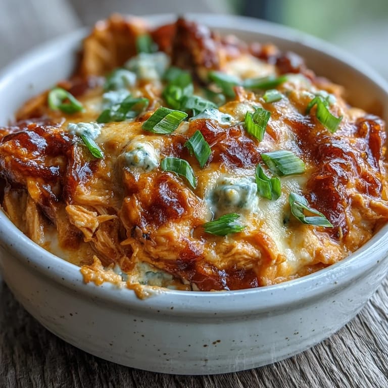 Golden Crock Pot Buffalo Chicken Dip topped with scallions in a slow cooker, ready for game day.