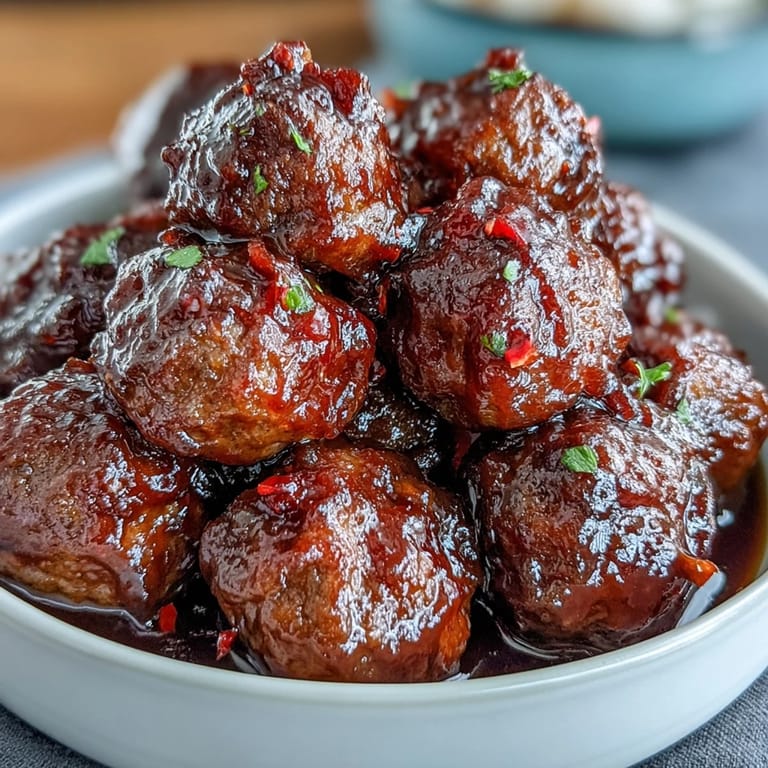 A close-up shows tender Easy Sweet and Sour Crock Pot Meatballs glistening with apricot glaze, topped with sesame seeds and fresh parsley garnish.