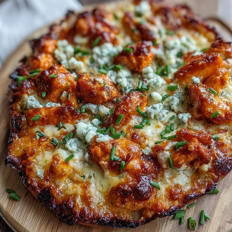 A bubbling Buffalo Chicken Pizza topped with blue cheese crumbles and fresh chives.