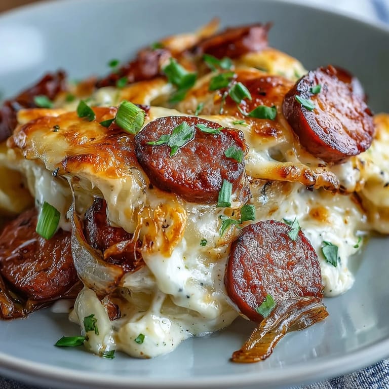 A hearty serving of Crockpot Pierogi Casserole With Kielbasa is spooned onto a plate.