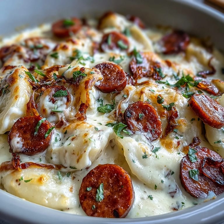 Crockpot Pierogi Casserole With Kielbasa is topped with fresh chives and sour cream.