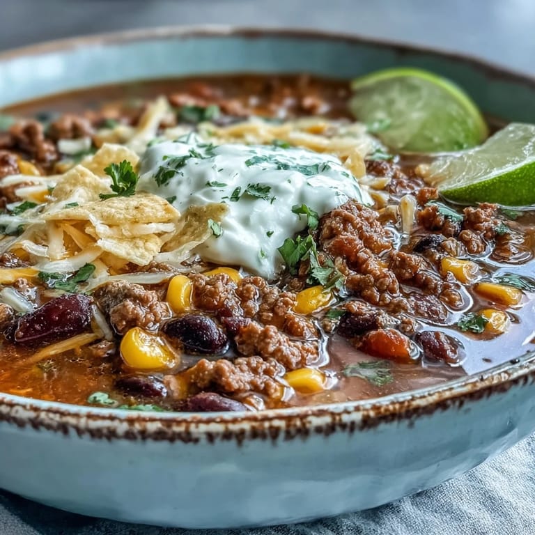 Easy Taco Soup served with lime wedges and crunchy tortilla chips for dipping.