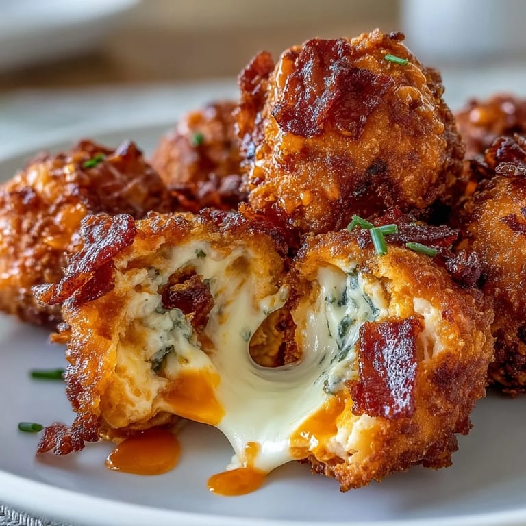 Crispy fried Buffalo Chicken Bacon Mozzarella Bombs with gooey melted mozzarella centers, served alongside a bowl of cool blue cheese dressing.