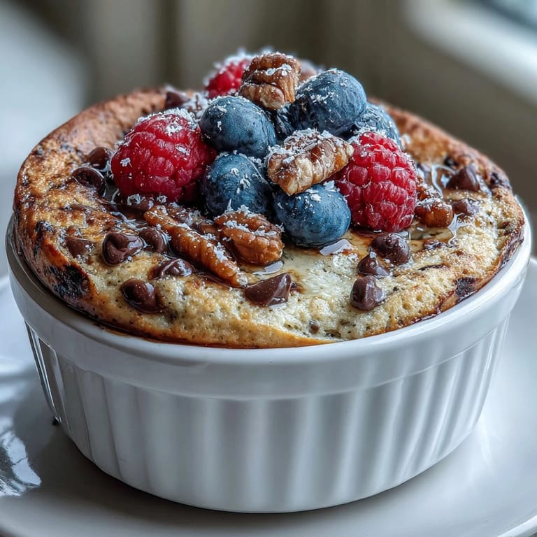 Just out of the oven: Baked Protein Pancake Bowl topped with yogurt and chocolate chips.