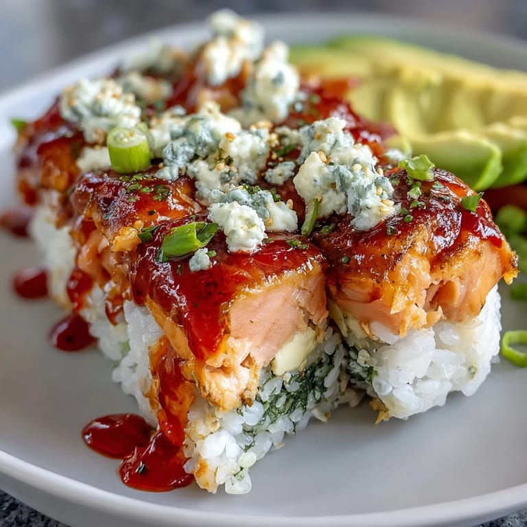 Golden-brown spicy salmon layer over seasoned sushi rice, topped with creamy sriracha mayo and fresh avocado slices in this viral TikTok recipe.
