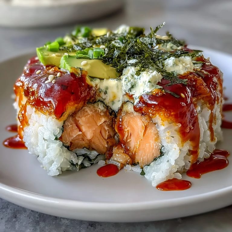 Deconstructed Spicy Salmon Sushi Bake scooped onto crispy nori sheets, showcasing flaky fish and savory toppings perfect for weeknight dinner.