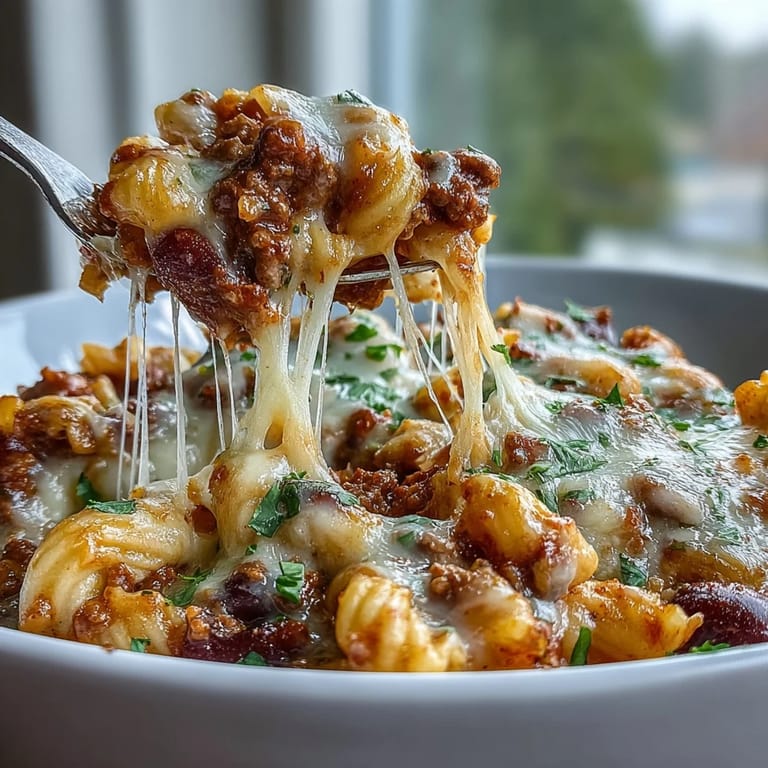 Savory One-Pan High Protein Chili Mac topped with green onions and sour cream, ready to enjoy for weeknight dinner.
