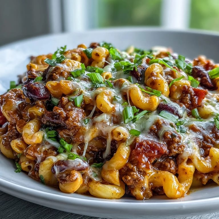 One-Pan High Protein Chili Mac simmering in a Dutch oven, featuring smoky spices, tender pasta, and gooey melted cheese.
