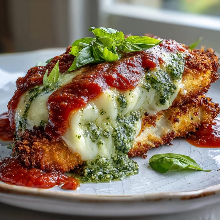 A close-up of Pesto Chicken Parmesan baking in a dish, showing bubbly cheese and vibrant green pesto. 