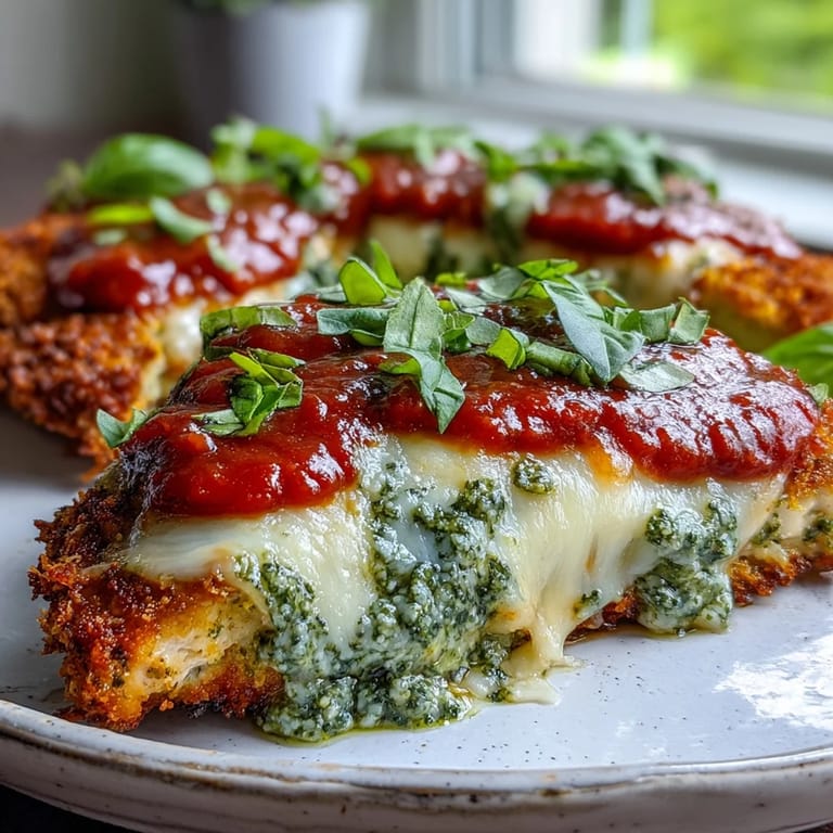 Pesto Chicken Parmesan served hot over pasta with a fresh salad and crusty bread on the side.
