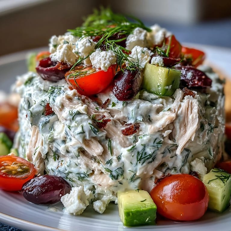 A close-up of easy Tzatziki Chicken Salad showcasing juicy shredded rotisserie chicken tossed with diced red onion and fresh herbs in a thick yogurt dressing. A delicious low-carb meal ready in just fifteen minutes.