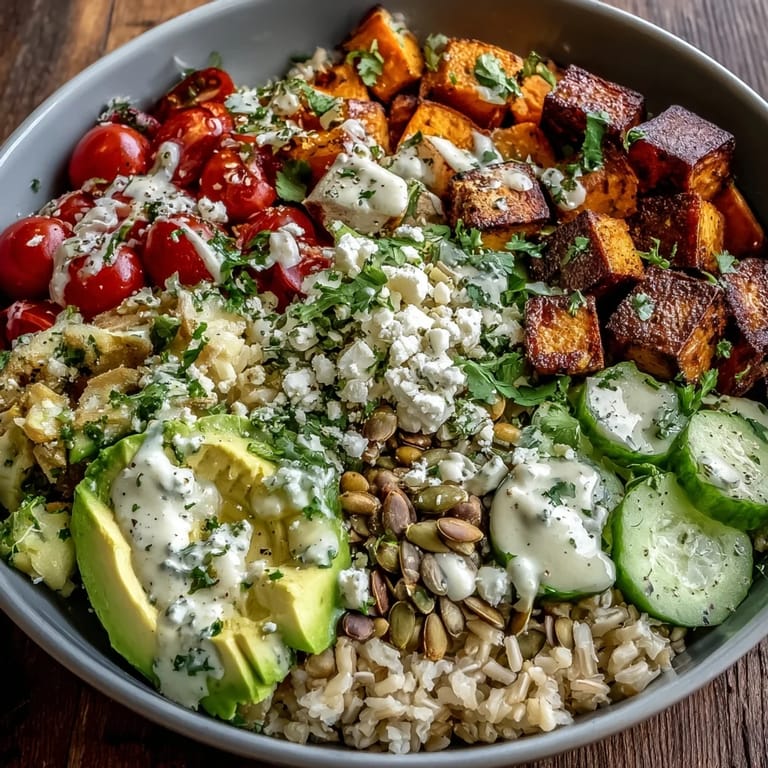 Colorful Customizable Grain Bowl with quinoa, chickpeas, and steamed broccoli, topped with fresh herbs and a balsamic vinaigrette drizzle.