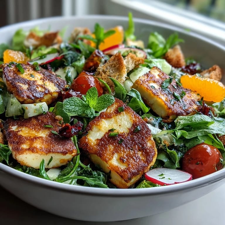 Serving Halloumi Blood Orange Fattoush with juicy blood orange segments and a tangy pomegranate drizzle.