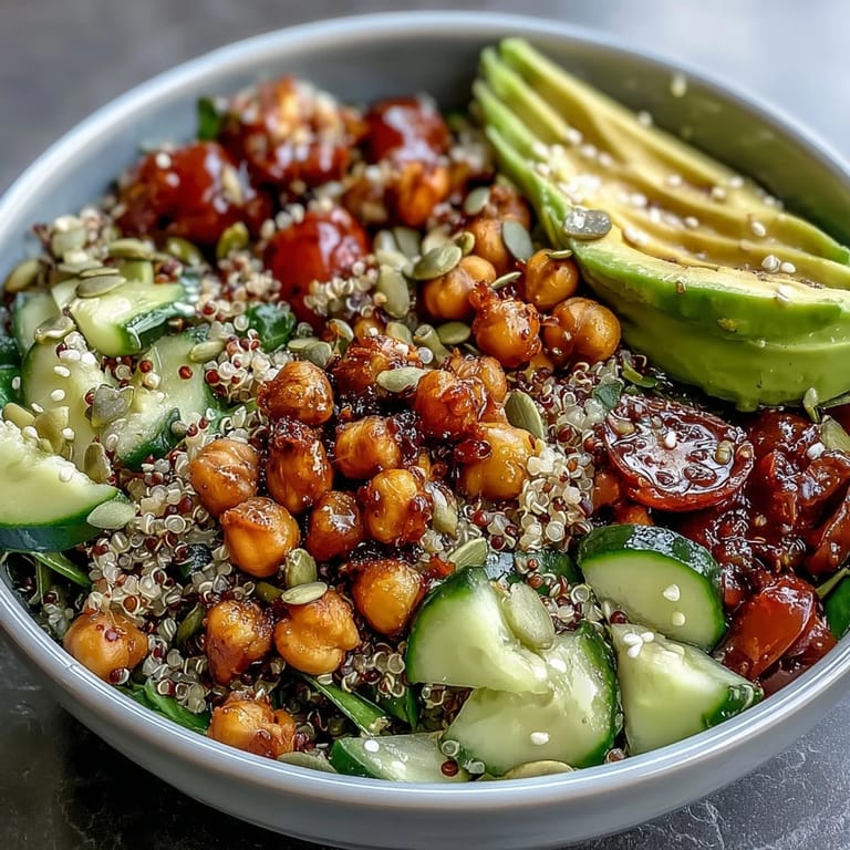 A close-up on a hearty Simple Grain Bowl featuring grilled chicken, avocado slices, and a lemony vinaigrette.