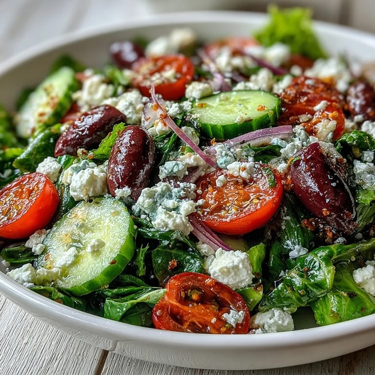 A vibrant Mediterranean Green Salad Bowl topped with Kalamata olives and drizzled with tangy Greek dressing, garnished with red onion.
