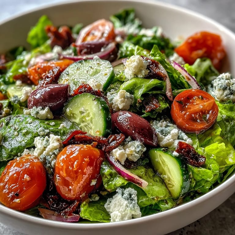 Colorful Mediterranean Green Salad Bowl featuring crunchy cucumbers, creamy feta, and a zesty vinaigrette on a rustic kitchen table.