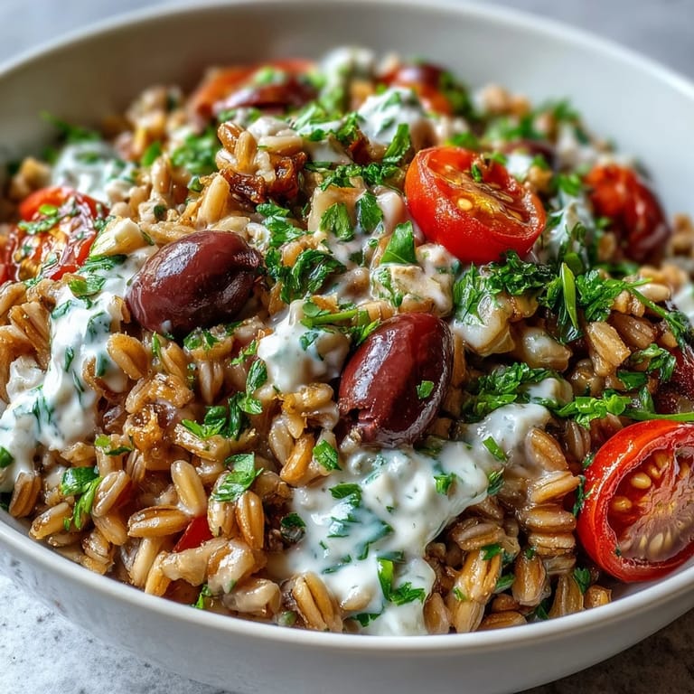 Healthy Mediterranean Farro Bowl served in a rustic bowl with bright vegetables and chickpeas, finished with a drizzle of tahini sauce.