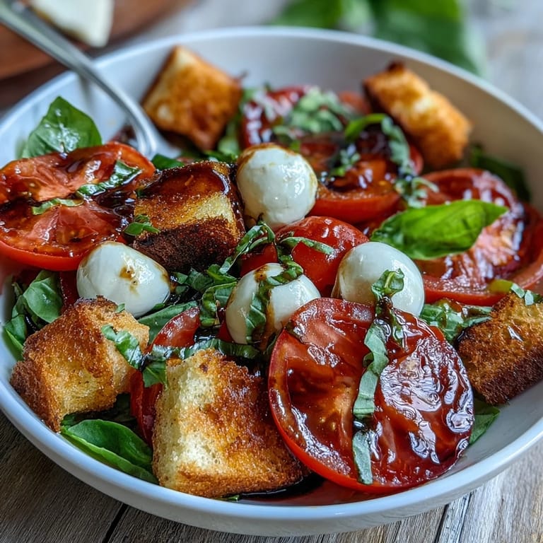 Rustic sourdough toasts add crunch to a Caprese Salad Bowl, paired with mozzarella, ripe tomatoes, and tangy balsamic.