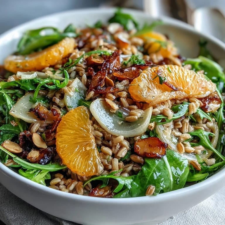 Hearty Farro Salad Bowl with fennel, oranges, and almonds tossed in a zesty vinaigrette, plated with fresh greens.