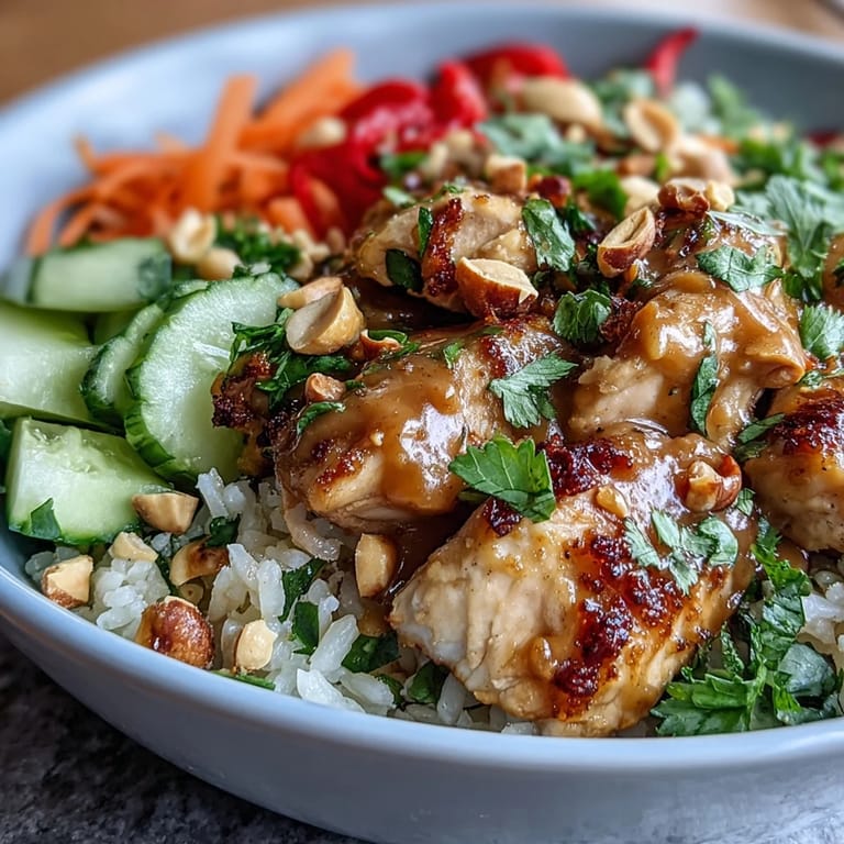 Thai Peanut Chicken Bowl served in a rustic bowl, garnished with cilantro, green onions, and fresh lime wedges.