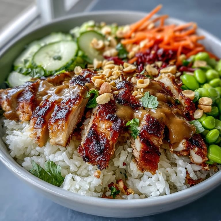 Warm coconut rice topped with grilled chicken, crunchy cabbage, carrots, cucumber, and edamame, finished with peanut sauce and lime.
