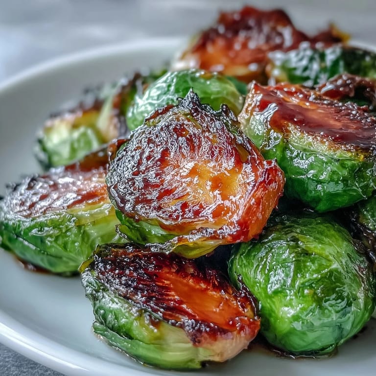 Plate of Irresistible Orange Maple Glazed Brussels Sprouts showing crispy edges, with a spoon ready for a savory side dish.