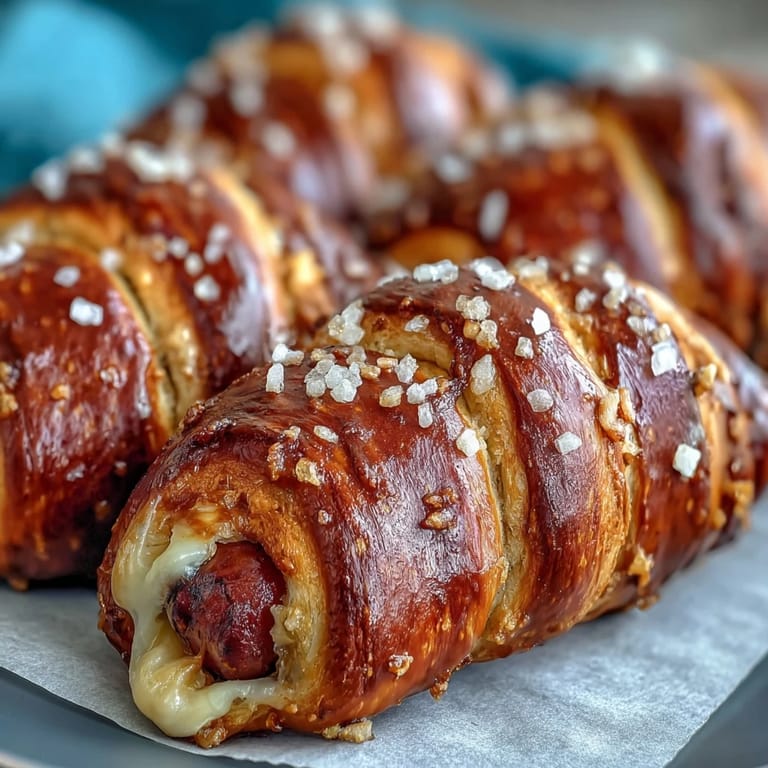 Freshly baked Soft Baked Cheesy Pretzel Dogs with shiny, salted crusts arranged neatly on a rustic wooden serving board.
