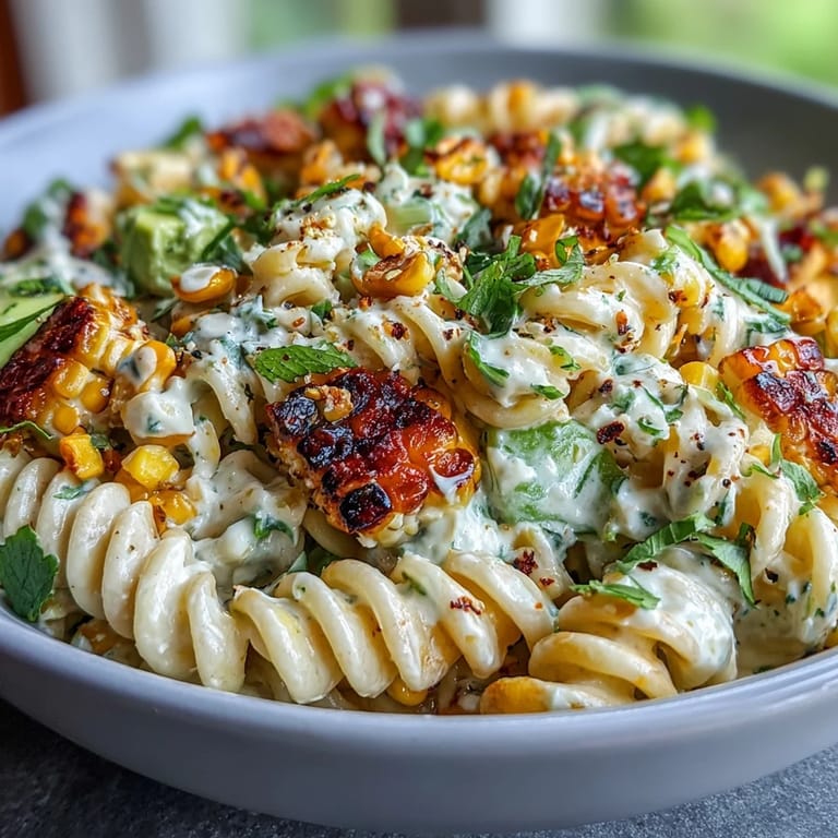 Warm Creamy Street Corn Pasta Salad plated with diced avocado, torn basil, and a spoonful of chili butter, perfect for a flavorful main dish.