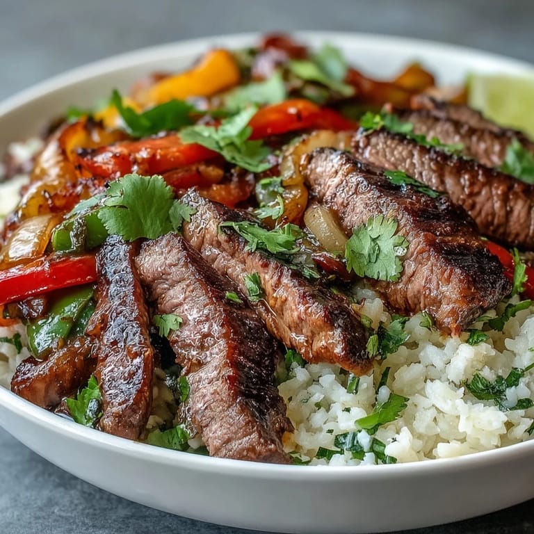 Enjoy a protein-packed Steak Fajita Bowl with seasoned steak, vibrant peppers and onions on cauliflower rice, topped with shredded cheese and a dollop of sour cream.