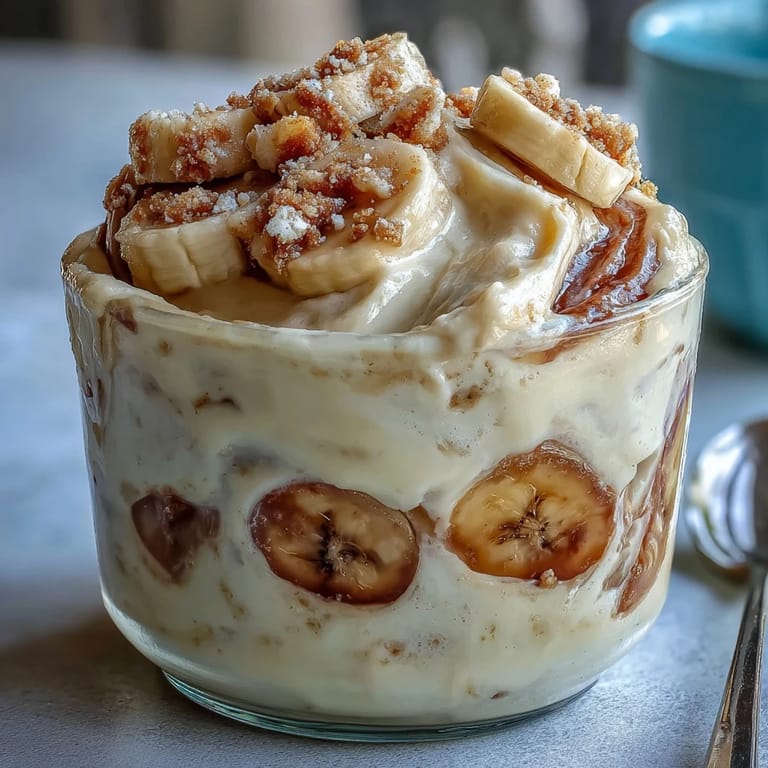 A spoon scoops into the creamy Protein Banana Pudding, revealing healthy, high-protein layers in a clear glass.