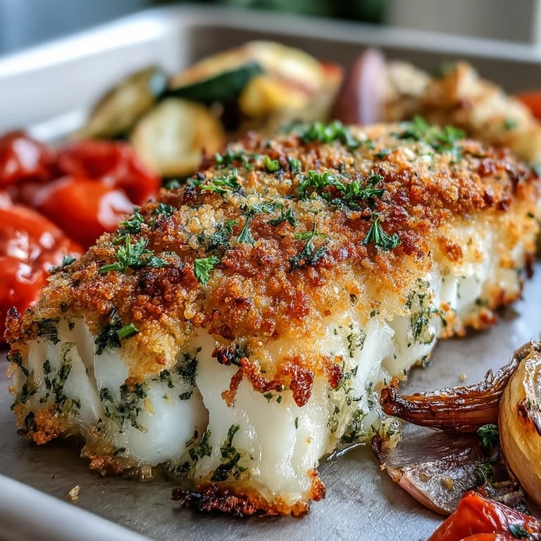 A golden-baked Parmesan Crusted Sheet Pan Fish & Veg dinner served directly from the sheet pan, garnished with fresh parsley and lemon wedges.