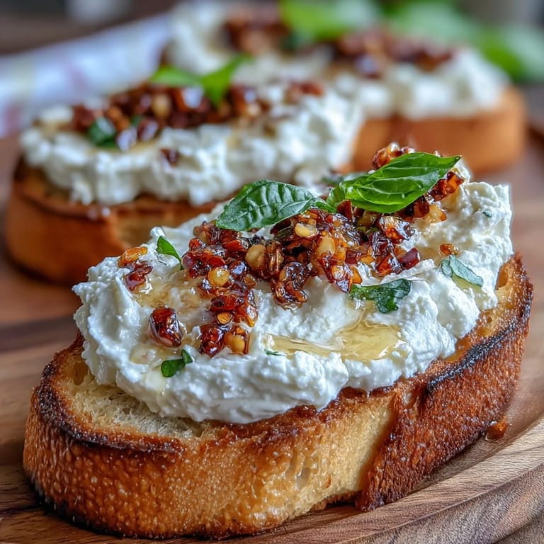 Fresh basil and chili crunch garnish this Hot Honey Ricotta Bruschetta, adding vibrant color and texture.