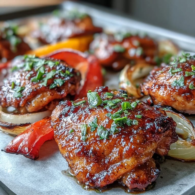 Sheet Pan Honey Garlic Chicken & Naan with charred peppers and onions on a sheet pan, paired with warm garlic naan bread.