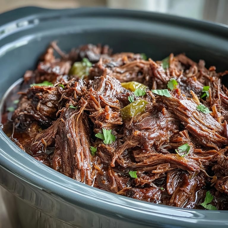 Shredded Slow Cooker Mississippi-Style Ranch Beef topped with pepperoncini, served steaming over creamy garlic mashed potatoes for dinner.