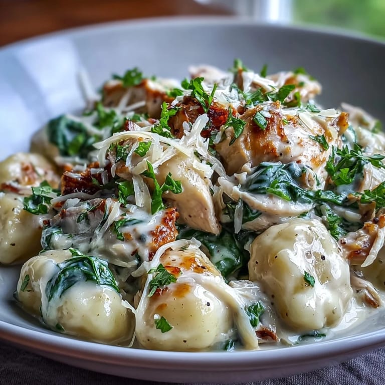 A close-up of Creamy Spinach & Parmesan Gnocchi with Chicken revealing golden sauce and steam rising from the dish.