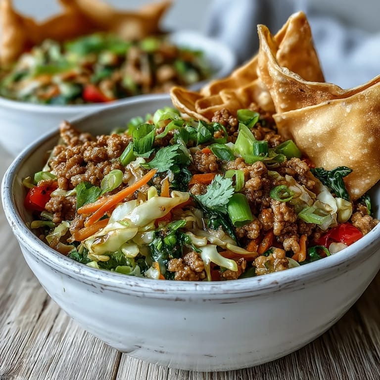 Ground turkey and colorful vegetables in a deconstructed egg roll bowl with a side of ranch seasoning.
