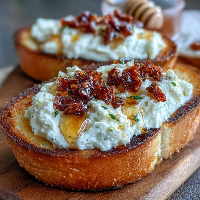 A close-up view of the Hot Honey Ricotta Bruschetta reveals creamy ricotta, a glossy hot honey drizzle, and crunchy chili crisp on golden toast points. 