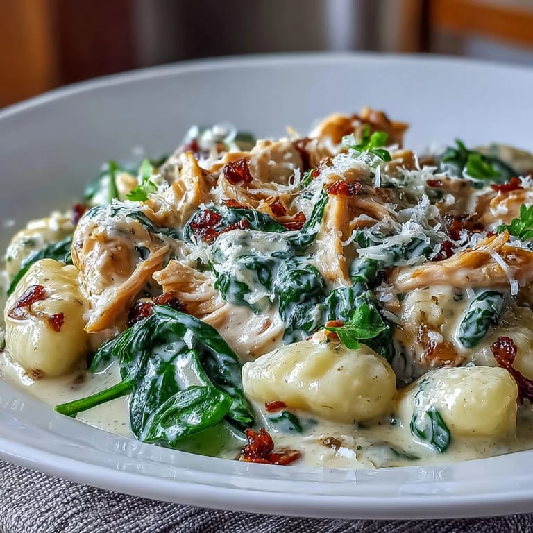 Steam rises from a skillet of Creamy Spinach & Parmesan Gnocchi with Chicken, where wilted greens blend into a rich, velvety parmesan sauce.
