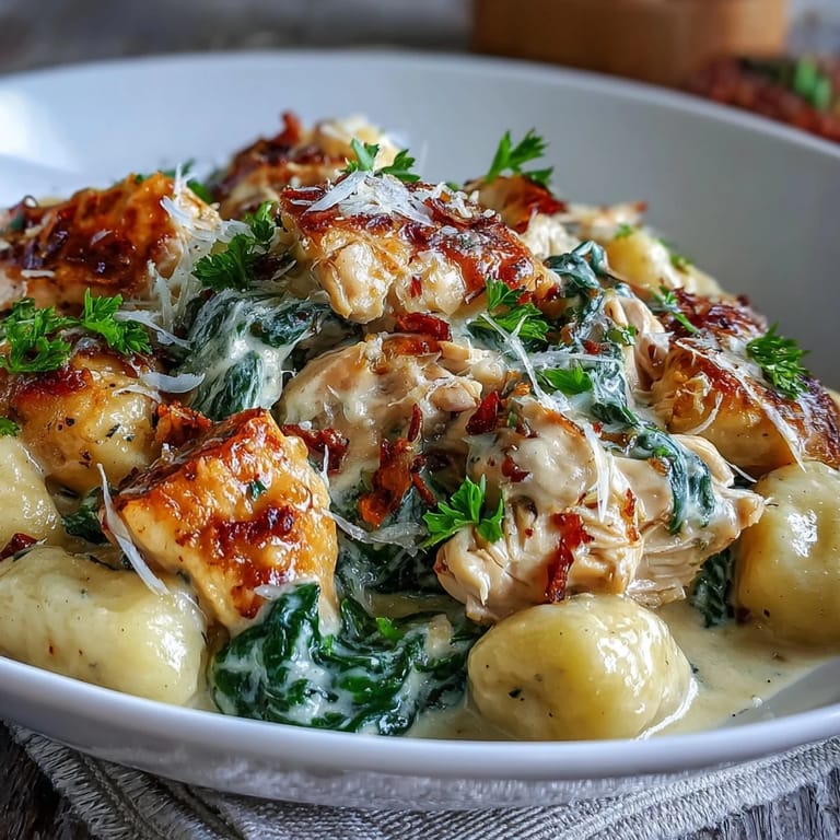 Overhead view of Creamy Spinach & Parmesan Gnocchi with Chicken served on a white plate, garnished with fresh parsley and extra cheese.