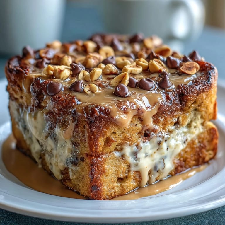 High-Protein Peanut Butter & Chocolate Baked French Toast with a rich, custardy interior and a slightly crisp top, perfect for a hearty breakfast.