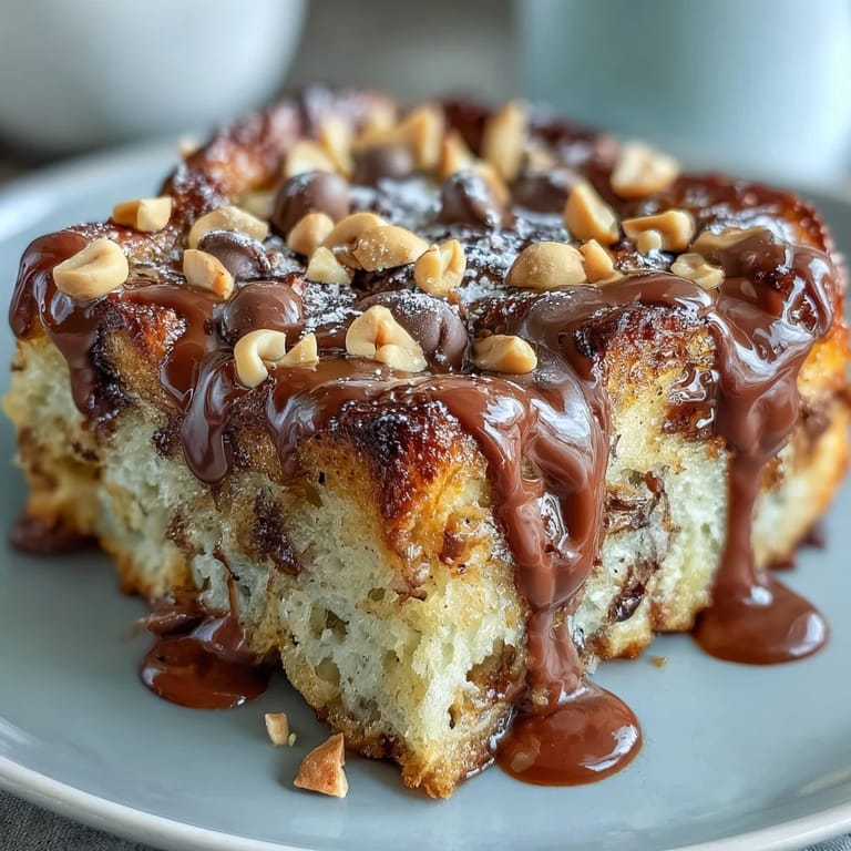 A warm slice of High-Protein Peanut Butter & Chocolate Baked French Toast drizzled with maple syrup, showcasing chocolate chips and peanut garnish.