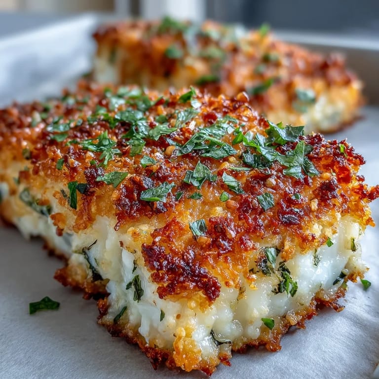 A close-up shows the flaky cod filet covered in a golden Asiago-parmesan-panko crust next to zucchini and bell peppers.