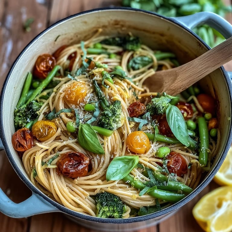 This easy vegan one-pot pasta primavera is plated in a shallow bowl, topped with torn basil leaves and a wedge of fresh lemon for squeezing.