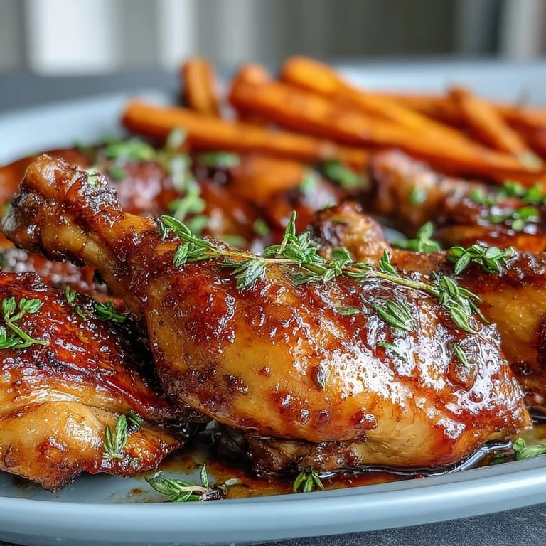 Close-up on juicy Sheet Pan Honey Garlic Chicken Drumsticks with Roasted Carrots, showcasing sticky glaze and tender vegetables.