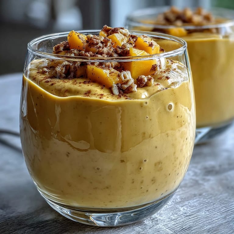 A top-down view of a Vegan Mango Turmeric Golden Milk Smoothie in a blender, showing its bright yellow color.