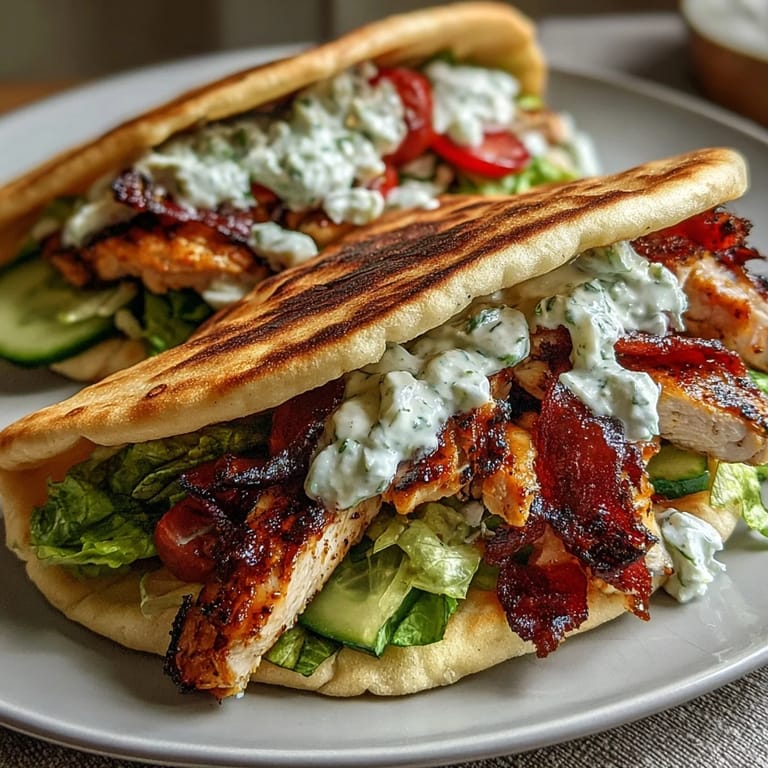 Hand holding a stuffed pita pocket revealing tender chicken, crisp lettuce, and vibrant salad perfect for a healthy Mediterranean meal.