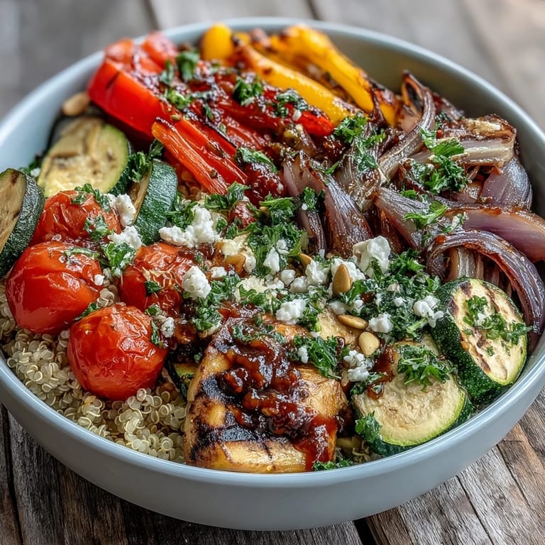 A close-up shows colorful charred vegetables and fluffy quinoa topped with creamy tahini sauce.